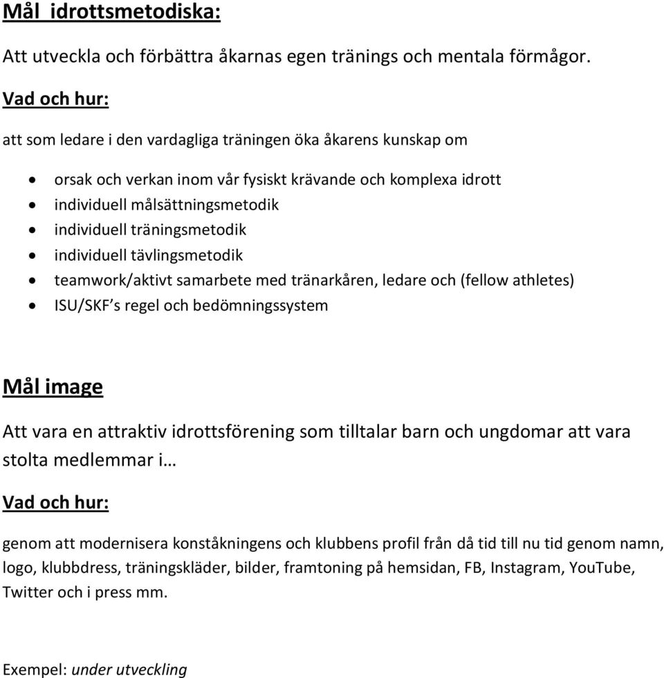 individuell tävlingsmetodik teamwork/aktivt samarbete med tränarkåren, ledare och (fellow athletes) ISU/SKF s regel och bedömningssystem Mål image Att vara en attraktiv idrottsförening som