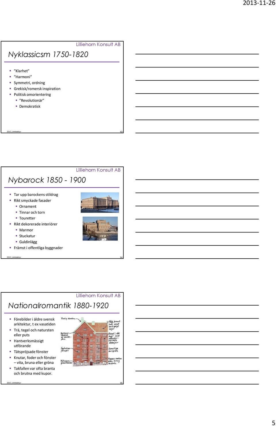 Guldinlägg Främst i offentliga byggnader 14 Nationalromantik 1880-1920 Förebilder i äldre svensk arkitektur, t ex vasatiden Trä, tegel och