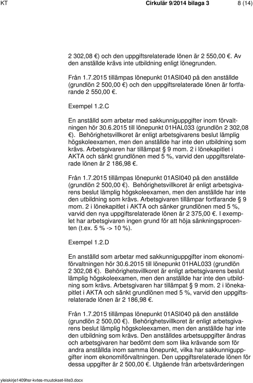 6.2015 till lönepunkt 01HAL033 (grundlön 2 302,08 ). Behörighetsvillkoret är enligt arbetsgivarens beslut lämplig högskoleexamen, men den anställde har inte den utbildning som krävs.