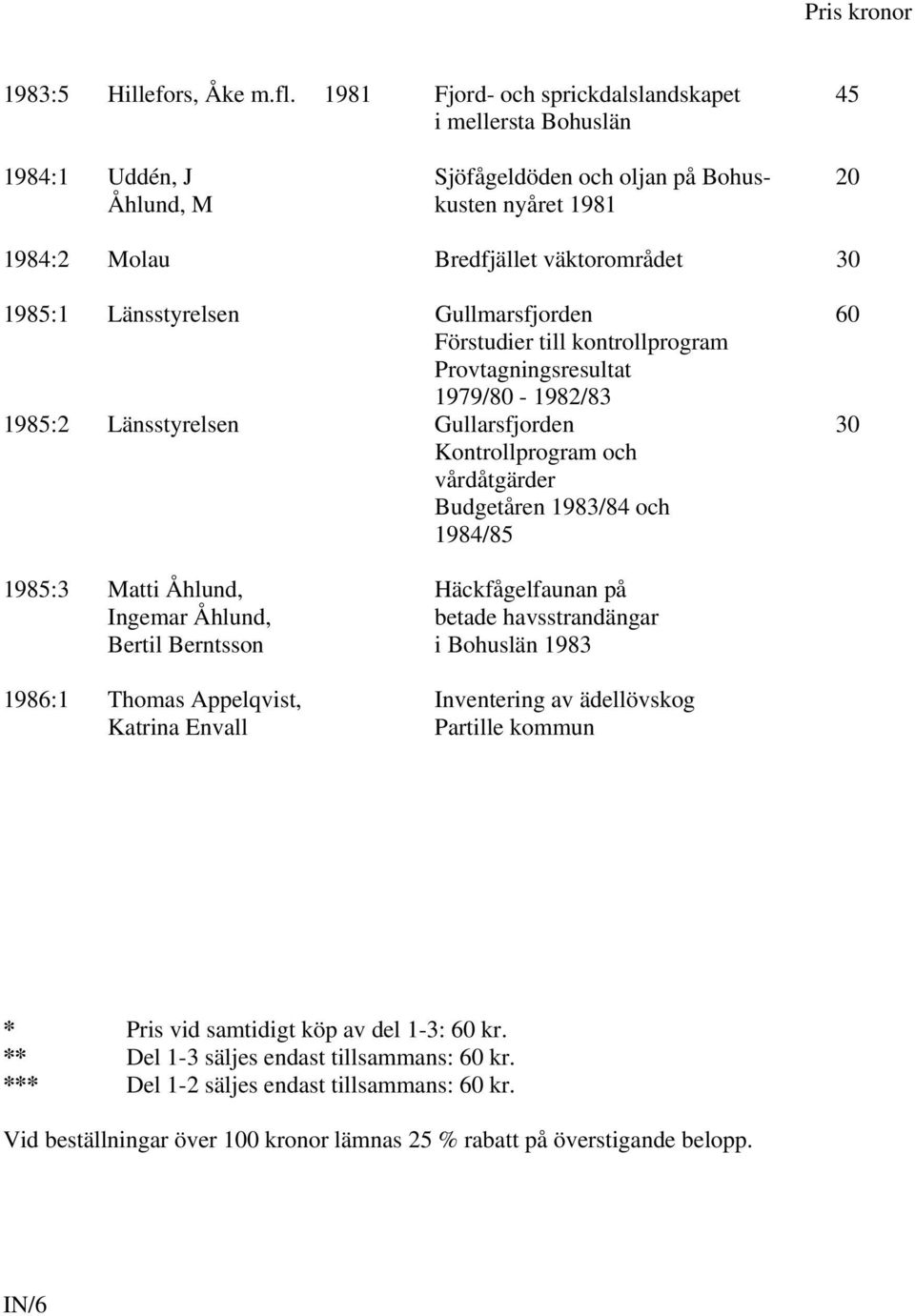 Länsstyrelsen Gullmarsfjorden 60 Förstudier till kontrollprogram Provtagningsresultat 1979/80-1982/83 1985:2 Länsstyrelsen Gullarsfjorden 30 Kontrollprogram och vårdåtgärder Budgetåren 1983/84 och