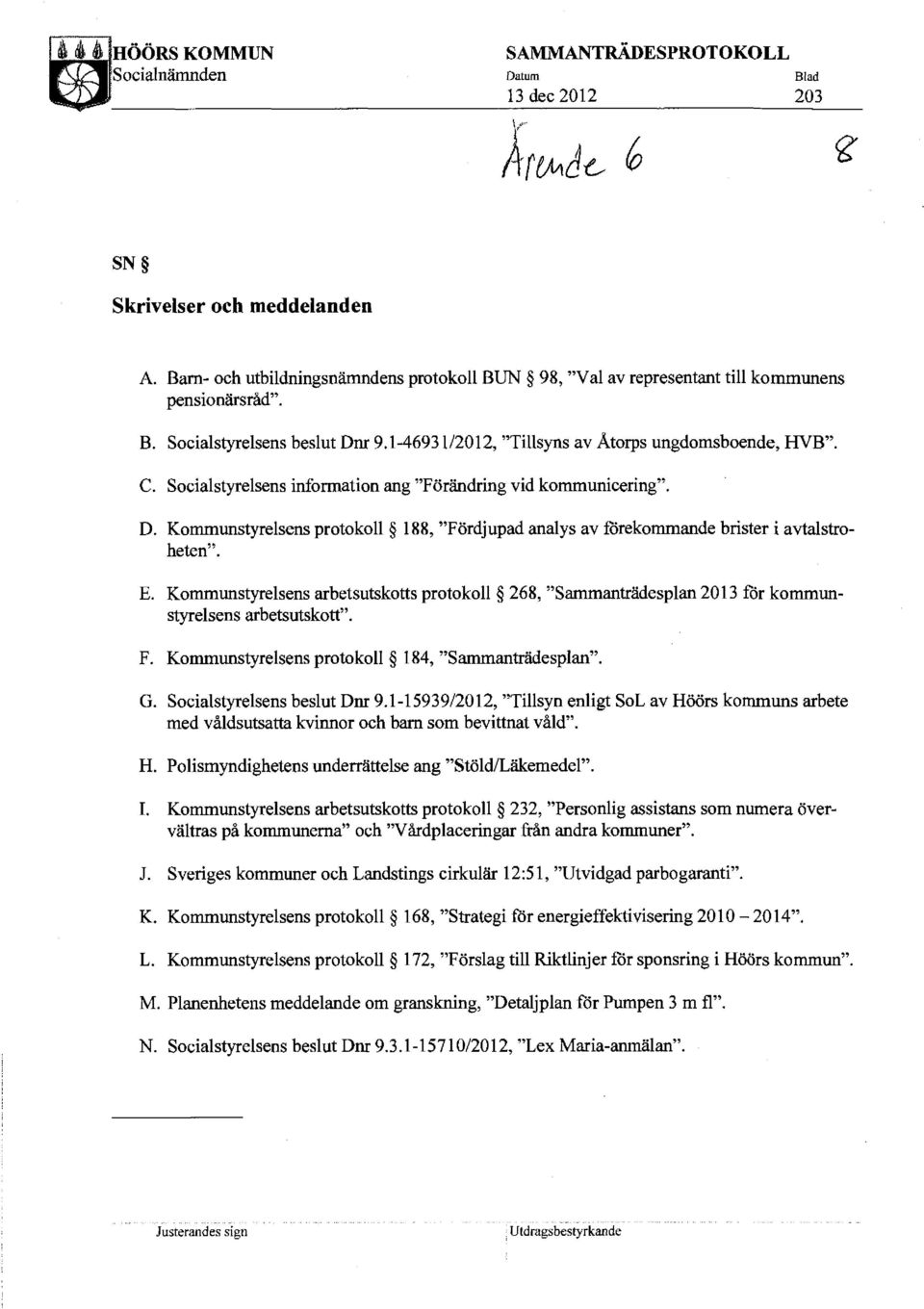 Socialstyrelsens information ang "Förändring vid kommunicering". D. Kommunstyrelsens protokoll 188, "Fördjupad analys av förekommande brister i avtalstroheten". E.