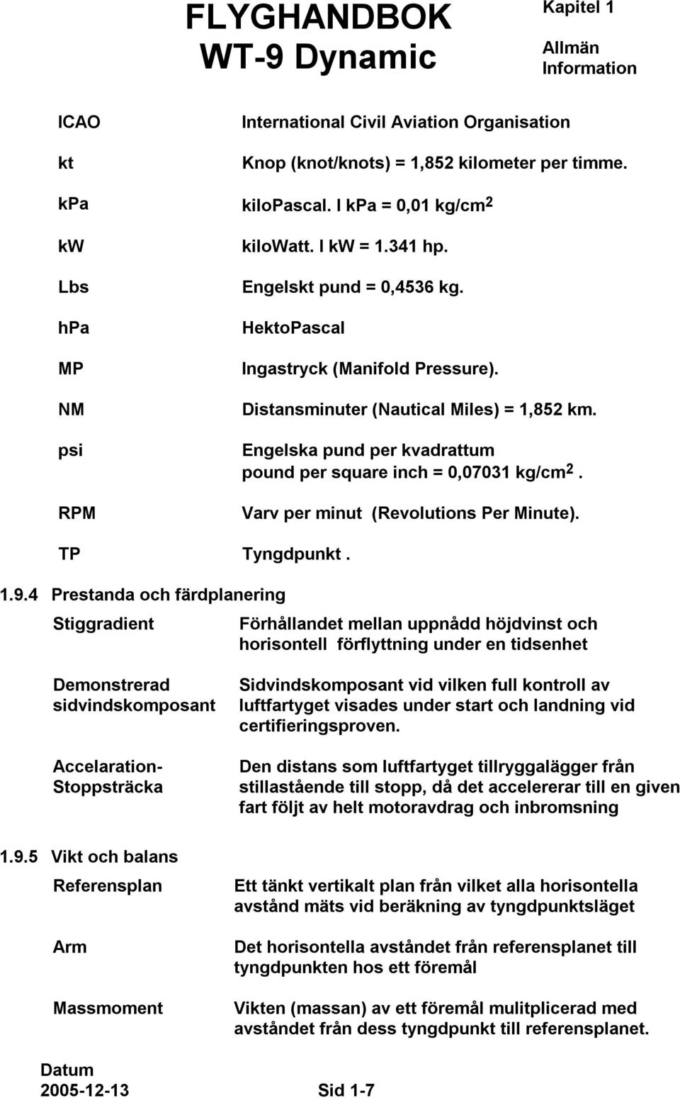 Engelska pund per kvadrattum pound per square inch = 0,07031 kg/cm 2. Varv per minut (Revolutions Per Minute). TP Tyngdpunkt. 1.9.