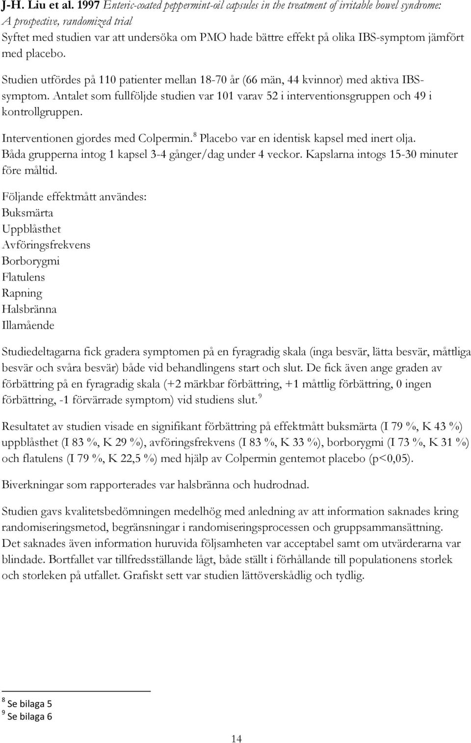 IBS-symptom jämfört med placebo. Studien utfördes på 110 patienter mellan 18-70 år (66 män, 44 kvinnor) med aktiva IBSsymptom.