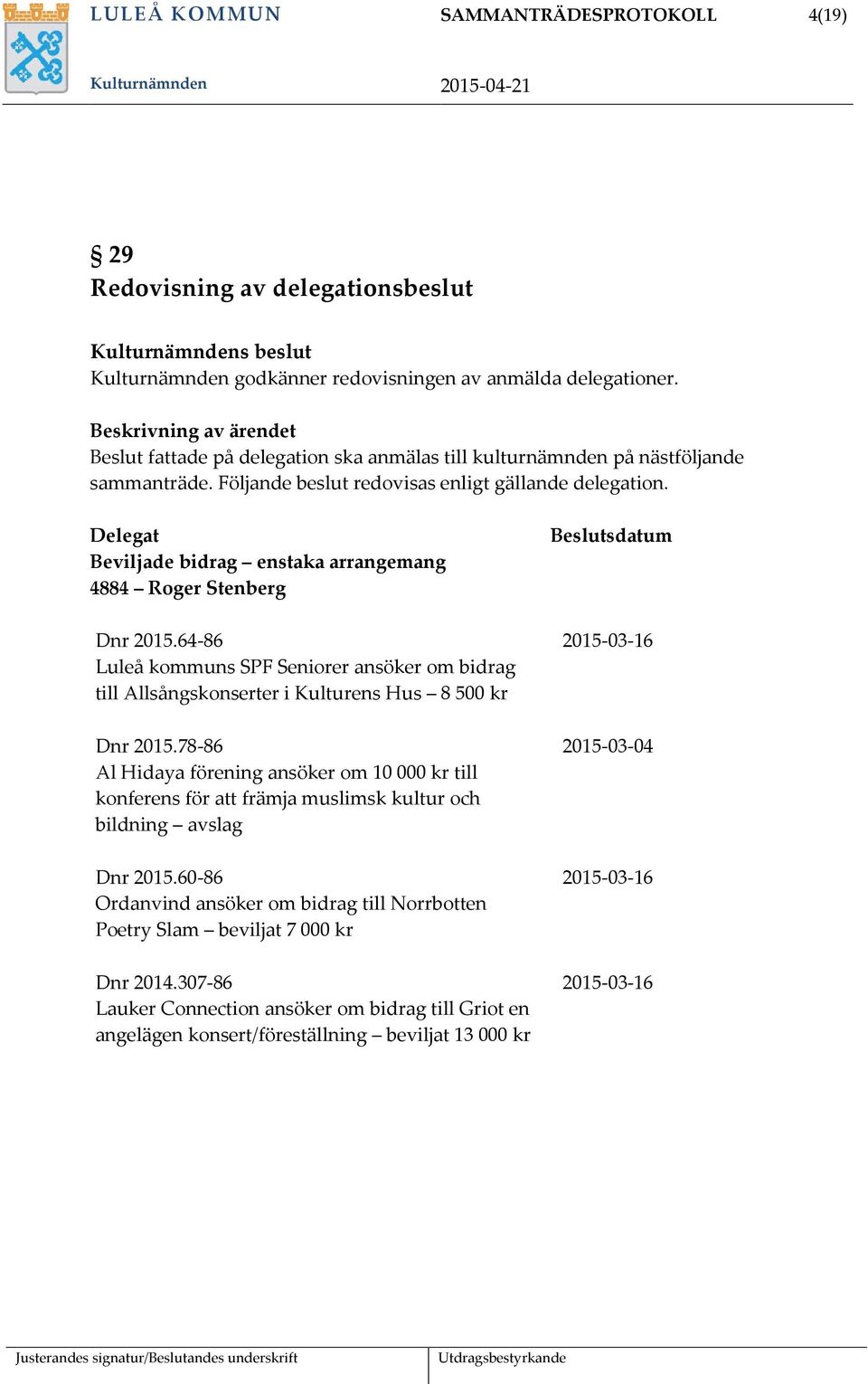 Delegat Beviljade bidrag enstaka arrangemang 4884 Roger Stenberg Dnr 2015.64-86 Luleå kommuns SPF Seniorer ansöker om bidrag till Allsångskonserter i Kulturens Hus 8 500 kr Dnr 2015.