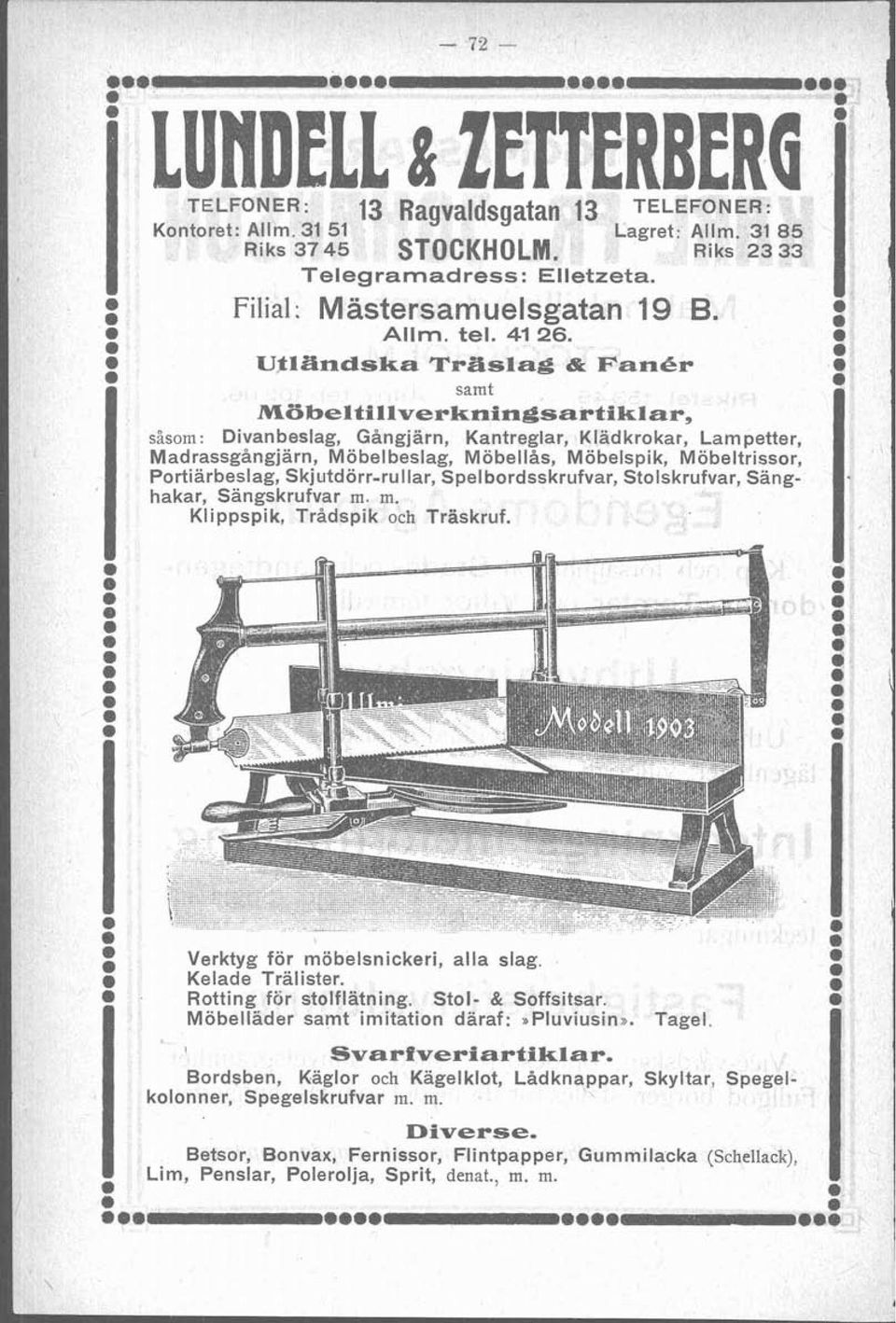 Möbelspik, Möbeltrissor, Portiärbeslag, Skjutdörr-rullar, Spelbordsskrufvar, Stolskrufvar, Sänghakar, Sangskrufvar.. Klippspik, Trådspik och Traskruf. 19 Q Verktyg för öbelsnickeri, alla slag.