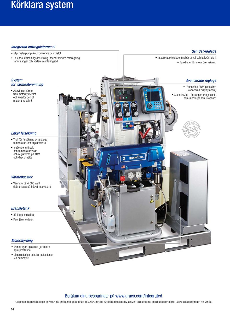 Avancerade reglage Lättanvänd ADM-pekskärm (avancerad displaymodul) Graco InSite fjärrapporteringsteknik som medföljer som standard Enkel felsökning Y-sil för felsökning av analoga temperatur- och