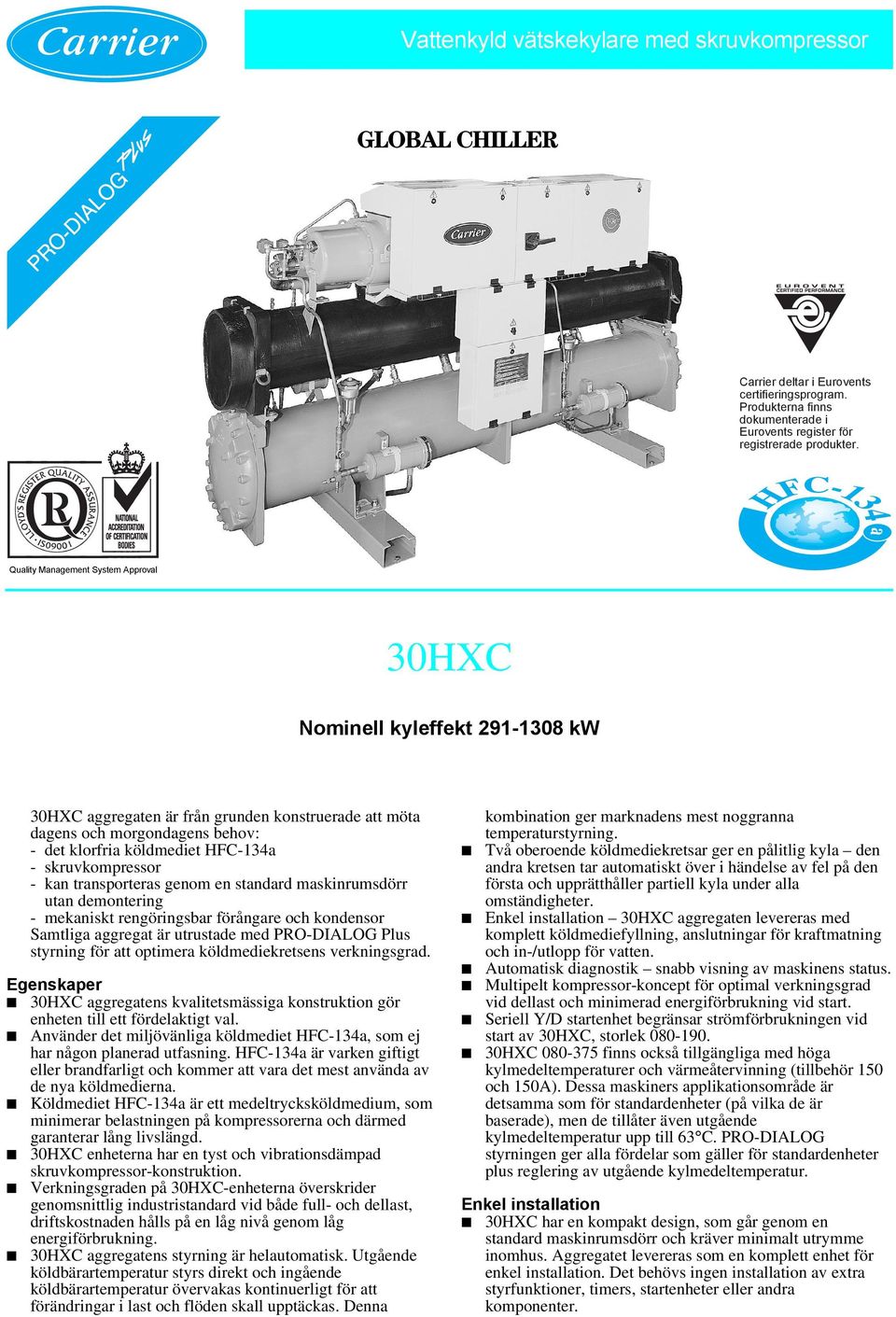 skruvkompressor - kan transporteras genom en standard maskinrumsdörr utan demontering - mekaniskt rengöringsbar förångare och kondensor Samtliga aggregat är utrustade med PRO-DIALOG Plus styrning för