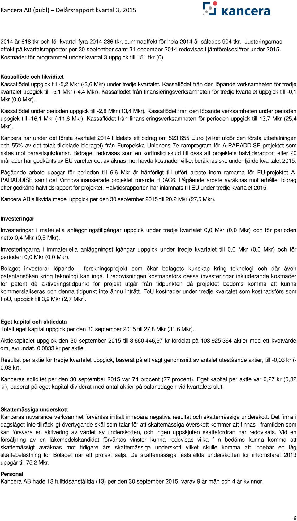 Kassaflöde och likviditet Kassaflödet uppgick till -5,2 Mkr (-3,6 Mkr) under tredje kvartalet. Kassaflödet från den löpande verksamheten för tredje kvartalet uppgick till -5,1 Mkr (-4,4 Mkr).