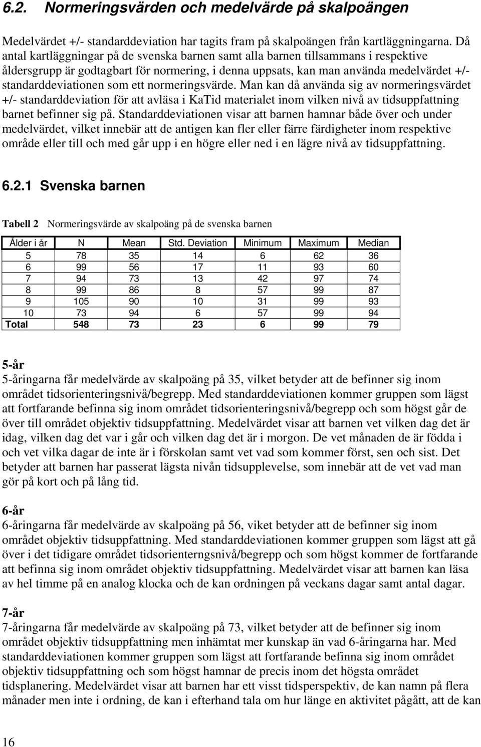 som ett normeringsvärde. Man kan då använda sig av normeringsvärdet +/- standarddeviation för att avläsa i KaTid materialet inom vilken nivå av tidsuppfattning barnet befinner sig på.