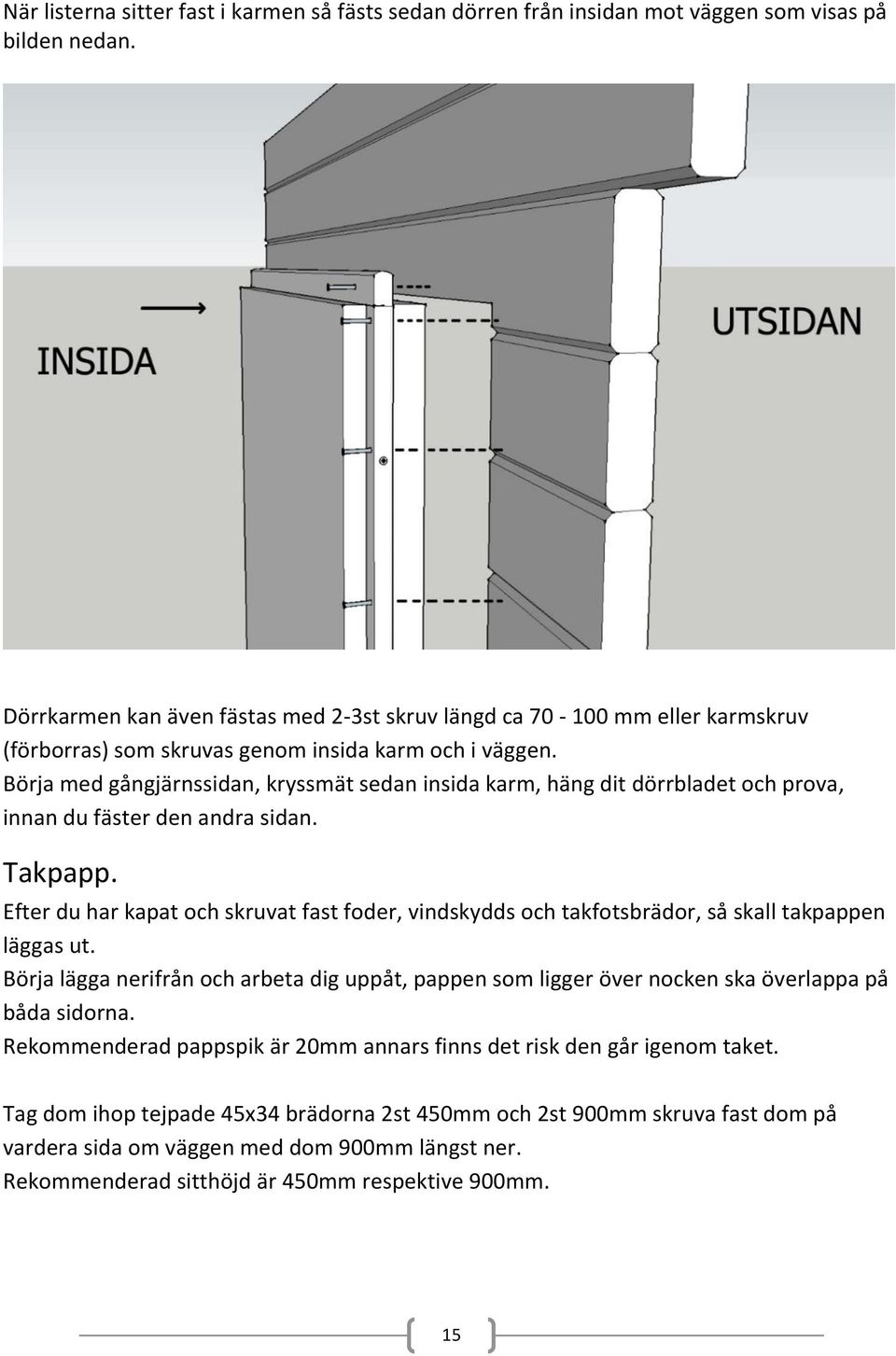 Börja med gångjärnssidan, kryssmät sedan insida karm, häng dit dörrbladet och prova, innan du fäster den andra sidan. Takpapp.