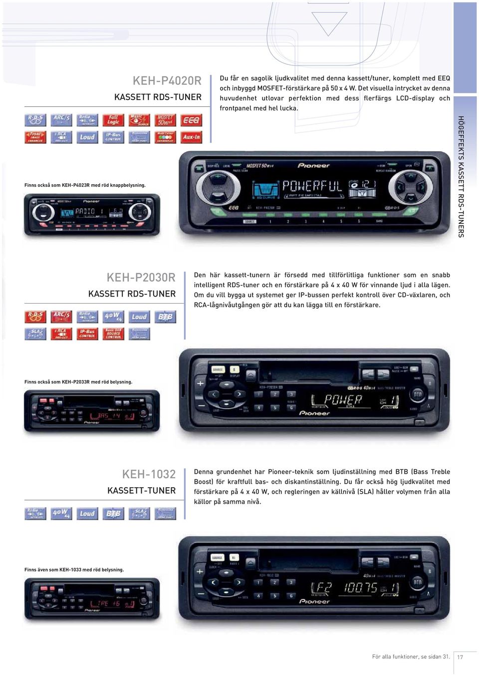 HÖGEFFEKTS KASSETT RDS-TUNERS KEH-P2030R KASSETT RDS-TUNER Den här kassett-tunern är försedd med tillförlitliga funktioner som en snabb intelligent RDS-tuner och en förstärkare på 4 x 40 W för