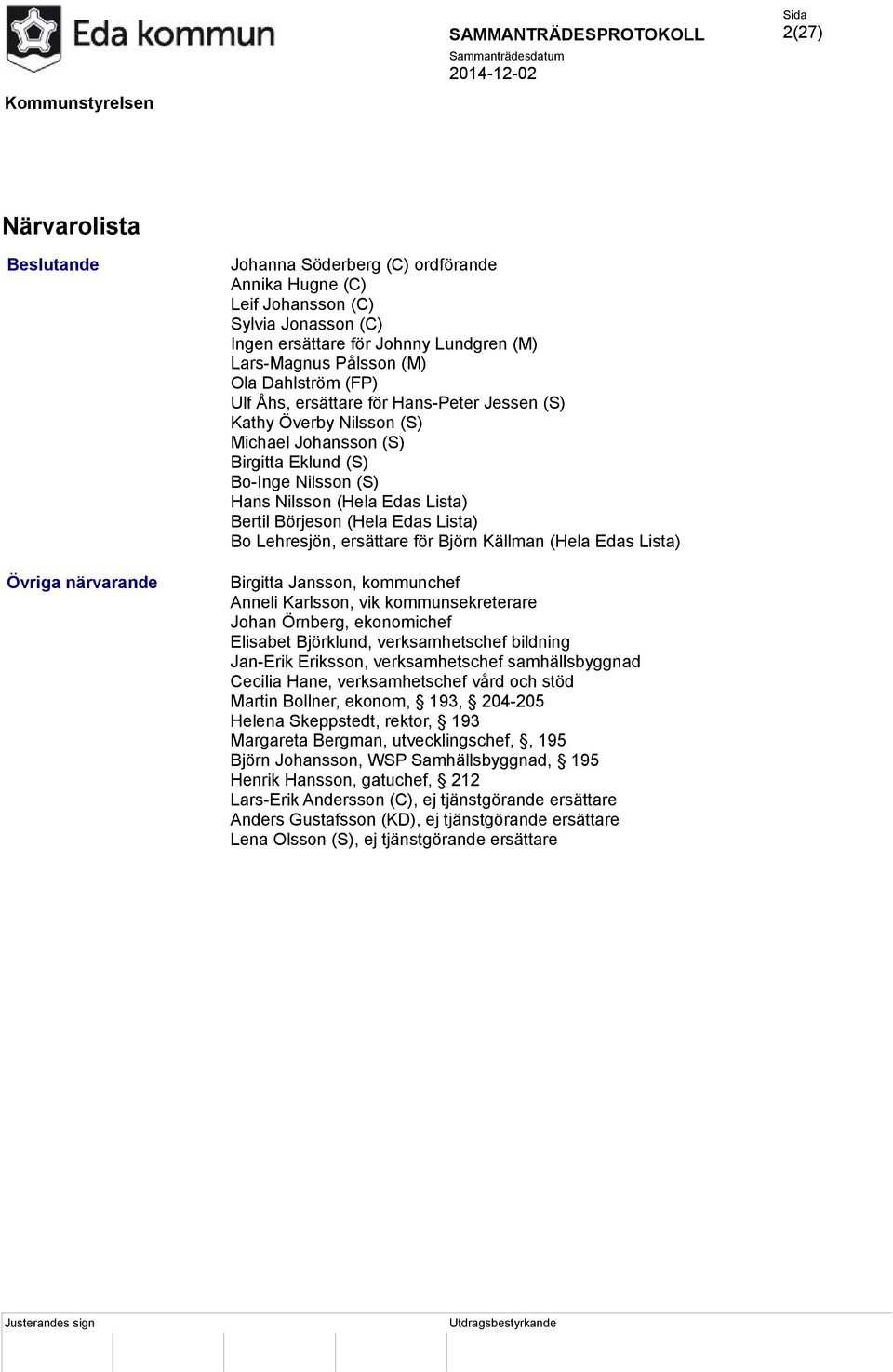 Börjeson (Hela Edas Lista) Bo Lehresjön, ersättare för Björn Källman (Hela Edas Lista) Birgitta Jansson, kommunchef Anneli Karlsson, vik kommunsekreterare Johan Örnberg, ekonomichef Elisabet