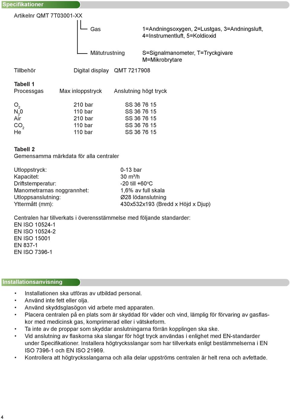 Tabell 2 Gemensamma märkdata för alla centraler Utloppstryck: Kapacitet: Driftstemperatur: Manometrarnas noggrannhet: Utloppsanslutning: Yttermått (mm): 0-13 bar 30 m³/h -20 till +60 o C 1,6% av full