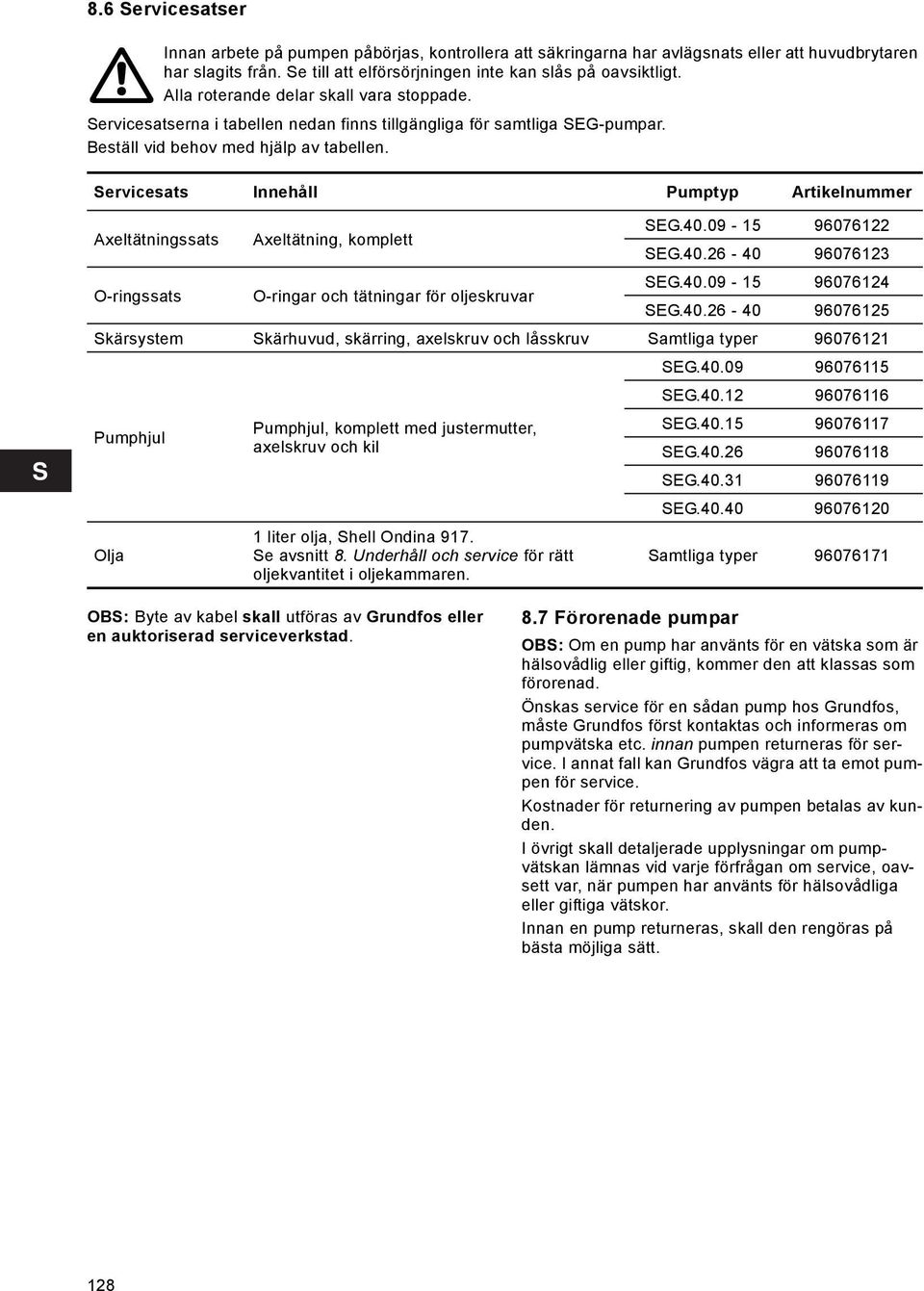 Servicesats Innehåll Pumptyp Artikelnummer Axeltätningssats Axeltätning, komplett SEG.40.09-15 96076122 SEG.40.26-40 96076123 SEG.40.09-15 96076124 O-ringssats O-ringar och tätningar för oljeskruvar SEG.