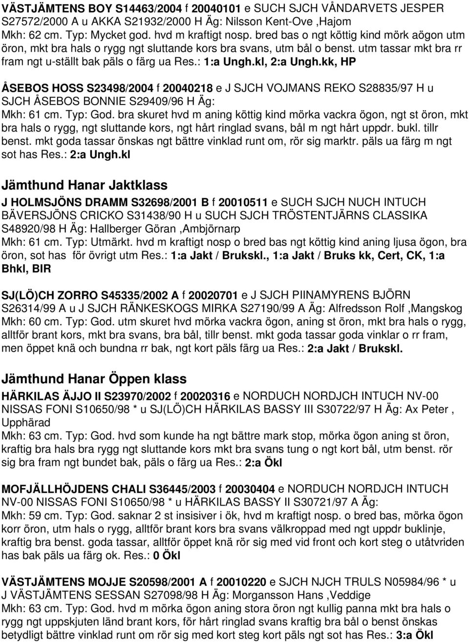 kl, 2:a Ungh.kk, HP ÅSEBOS HOSS S23498/2004 f 20040218 e J SJCH VOJMANS REKO S28835/97 H u SJCH ÅSEBOS BONNIE S29409/96 H Äg: Mkh: 61 cm. Typ: God.