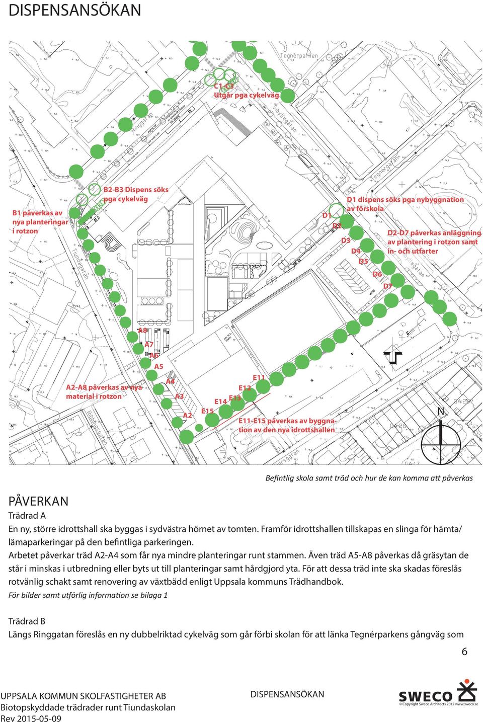 BeĮntlig skola samt träd och hur de kan komma aʃ påverkas PÅVERKAN Trädrad A En ny, större idrottshall ska byggas i sydvästra hörnet av tomten.