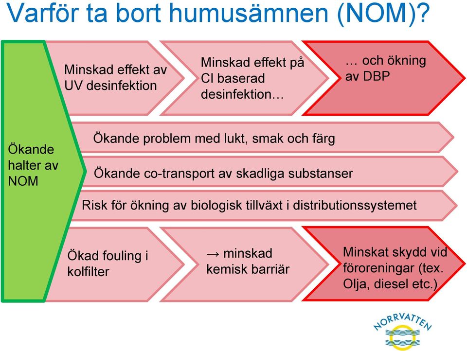 Ökande halter av NOM Ökande problem med lukt, smak och färg Ökande co-transport av skadliga