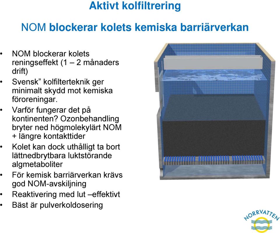 Ozonbehandling bryter ned högmolekylärt NOM + längre kontakttider Kolet kan dock uthålligt ta bort lättnedbrytbara