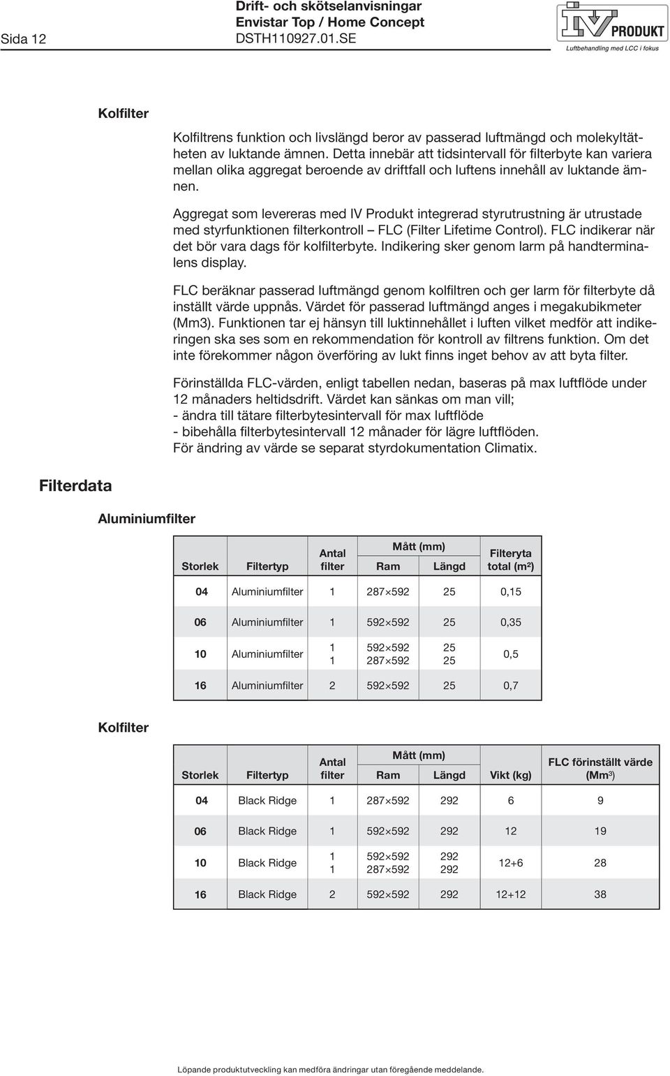 Aggregat som levereras med IV Produkt integrerad styrutrustning är utrustade med styrfunktionen filterkontroll FLC (Filter Lifetime Control). FLC indikerar när det bör vara dags för kolfilterbyte.