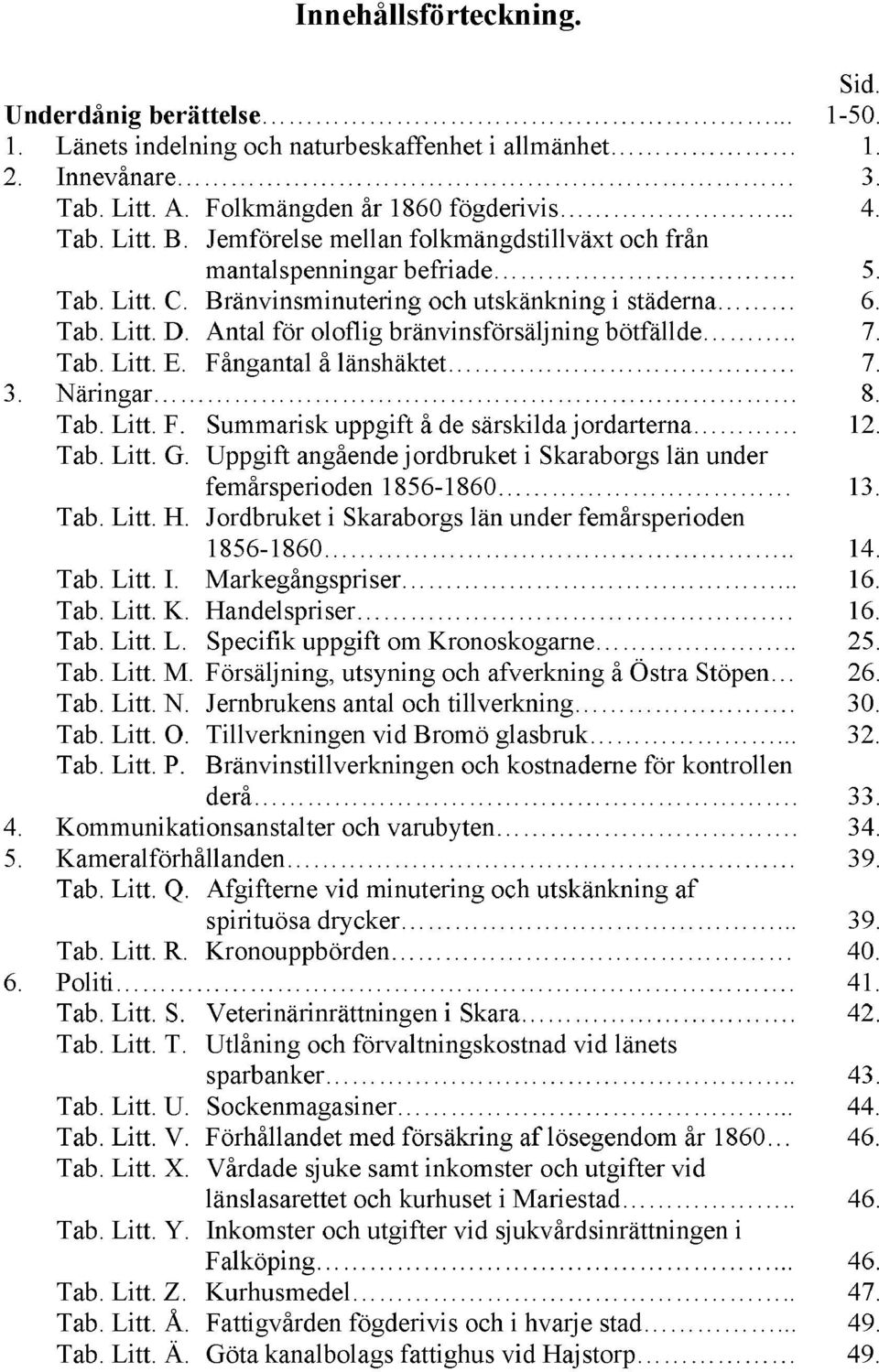 Antal för oloflig bränvinsförsäljning bötfällde.. 7. Tab. Litt. E. Fångantal å länshäktet 7. 3. Näringar 8. Tab. Litt. F. Summarisk uppgift å de särskilda jordarterna 12. Tab. Litt. G.