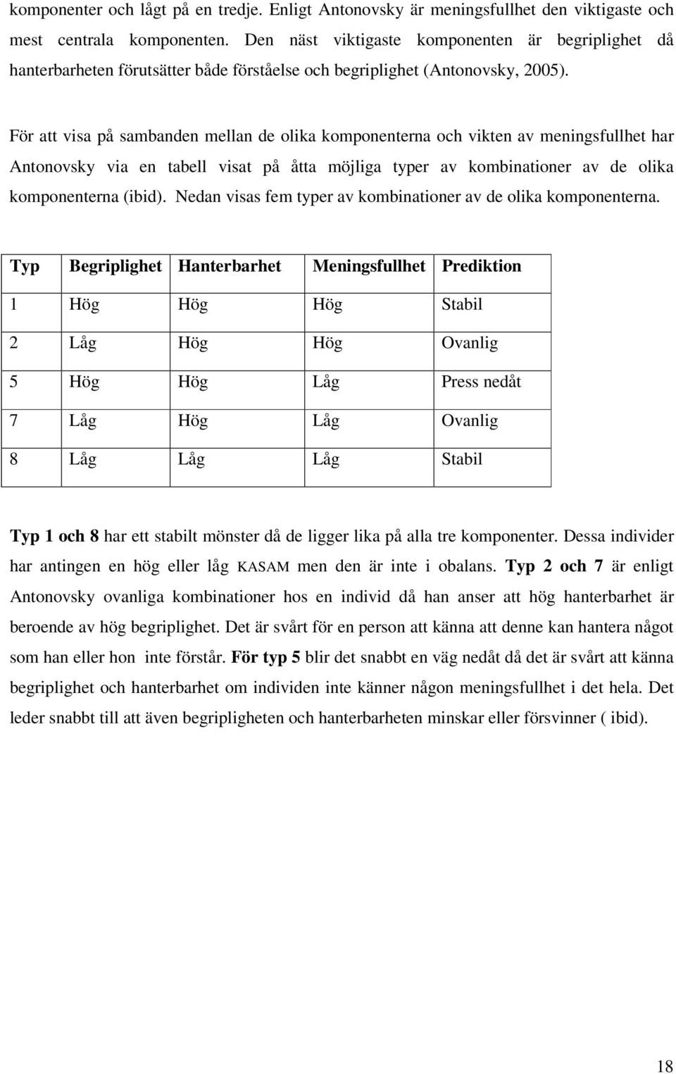 För att visa på sambanden mellan de olika komponenterna och vikten av meningsfullhet har Antonovsky via en tabell visat på åtta möjliga typer av kombinationer av de olika komponenterna (ibid).