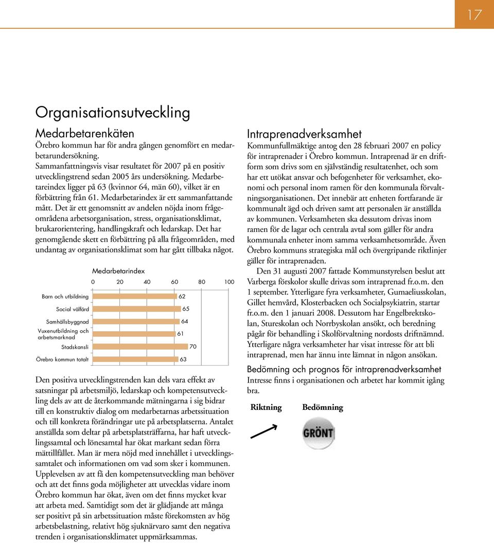 Medarbetarindex är ett sammanfattande mått. Det är ett genomsnitt av andelen nöjda inom frågeområdena arbetsorganisation, stress, organisationsklimat, brukarorientering, handlingskraft och ledarskap.