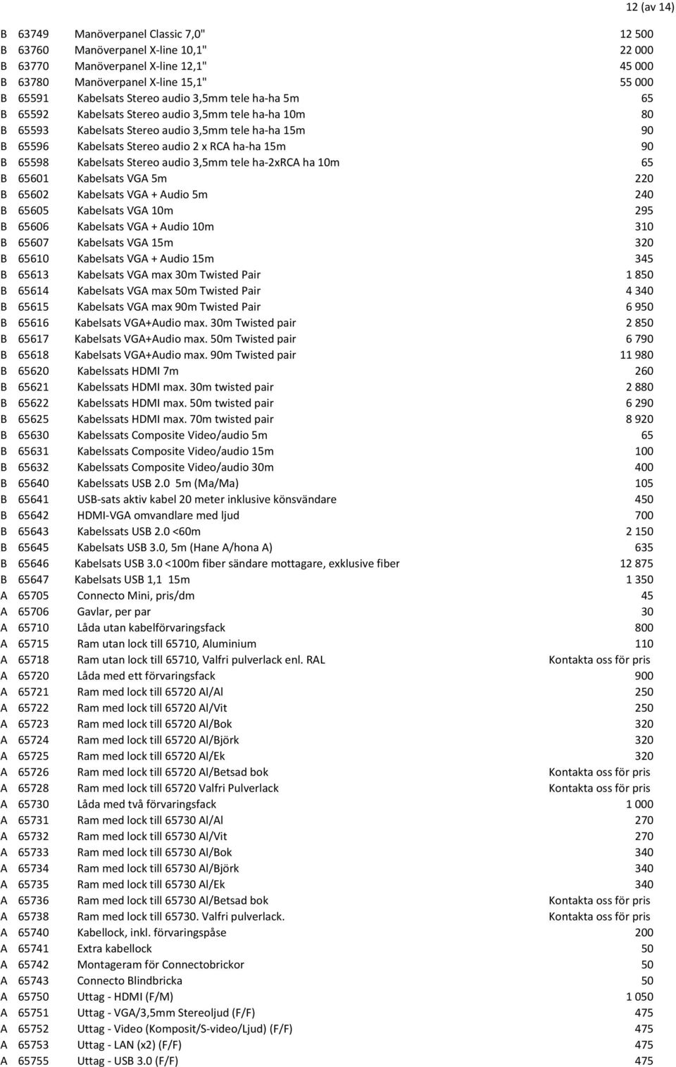 Kabelsats Stereo audio 3,5mm tele ha-2xrca ha 10m 65 B 65601 Kabelsats VGA 5m 220 B 65602 Kabelsats VGA + Audio 5m 240 B 65605 Kabelsats VGA 10m 295 B 65606 Kabelsats VGA + Audio 10m 310 B 65607