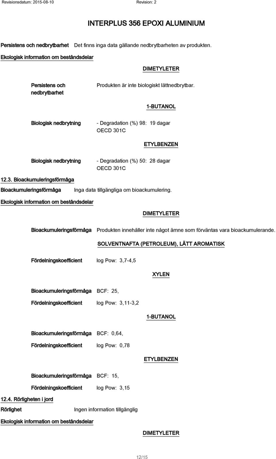 1-BUTANOL Biologisk nedbrytning - Degradation (%) 98: 19 dagar OECD 301C ETYLBENZEN Biologisk nedbrytning - Degradation (%) 50: 28 dagar OECD 301C 12.3. Bioackumuleringsförmåga Bioackumuleringsförmåga Inga data tillgängliga om bioackumulering.