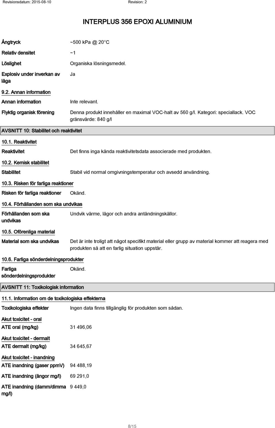 : Stabilitet och reaktivitet 10.1. Reaktivitet Reaktivitet Det finns inga kända reaktivitetsdata associerade med produkten. 10.2.