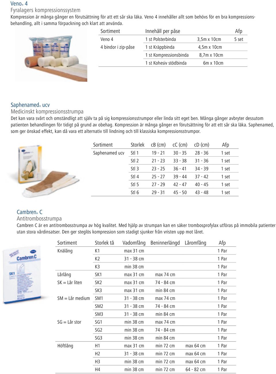 Sortiment Innehåll per påse Afp Veno 4 Polsterbinda 3,5m x 10cm 5 set 4 bindor i zip-påse Kräppbinda 4,5m x 10cm Kompressionsbinda 8,7m x 10cm Kohesiv stödbinda 6m x 10cm Saphenamed ucv Medicinskt