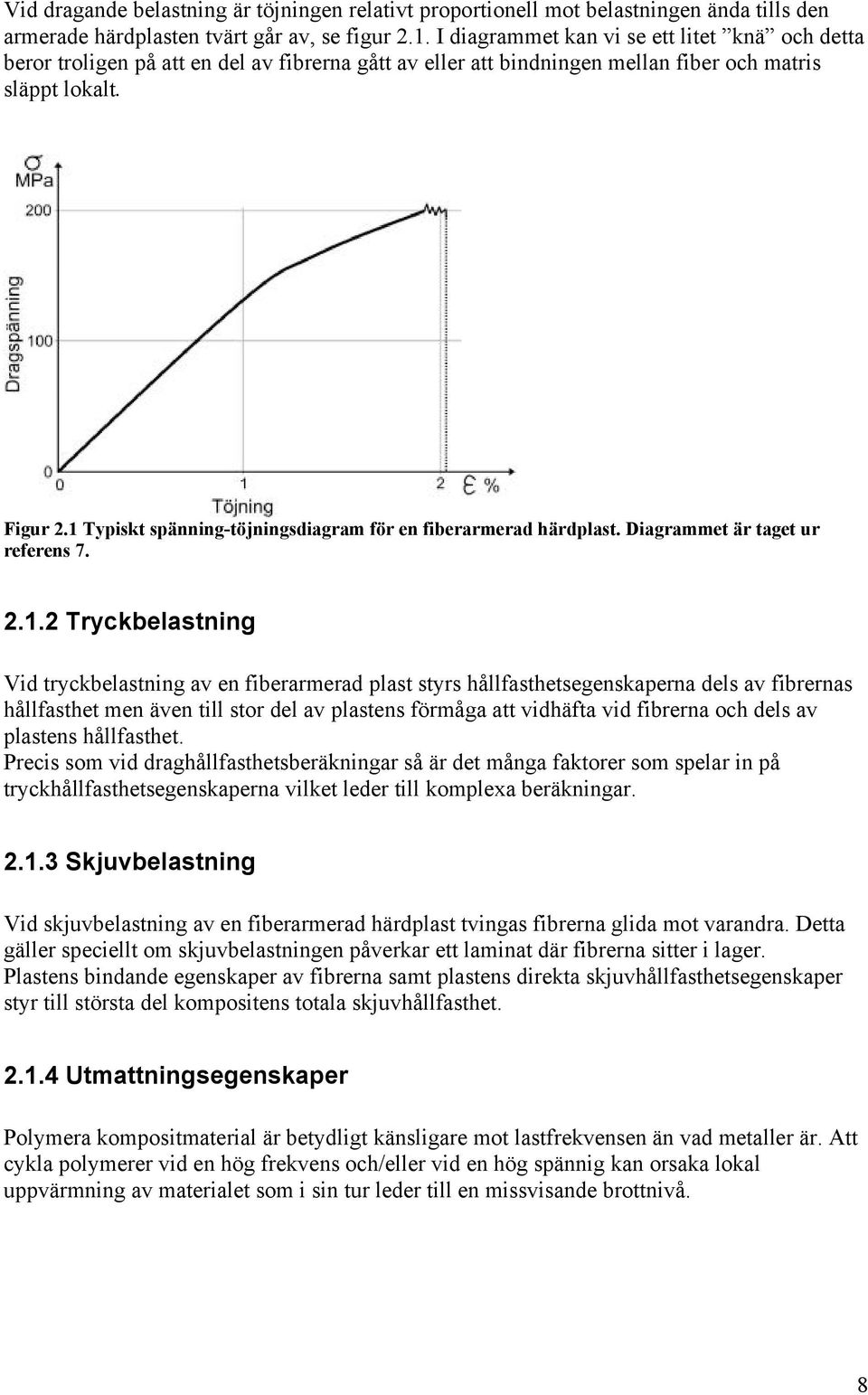 1 Typiskt spänning-töjningsdiagram för en fiberarmerad härdplast. Diagrammet är taget ur referens 7. 2.1.2 Tryckbelastning Vid tryckbelastning av en fiberarmerad plast styrs hållfasthetsegenskaperna