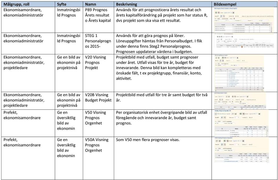 , projektledare Inmatningsbi ld Prognos Ge en bild av ekonomin på projektnivå STEG 1 Personalprogn os 2015- V20 Visning Prognos Projekt Används för att göra prognos på löner.