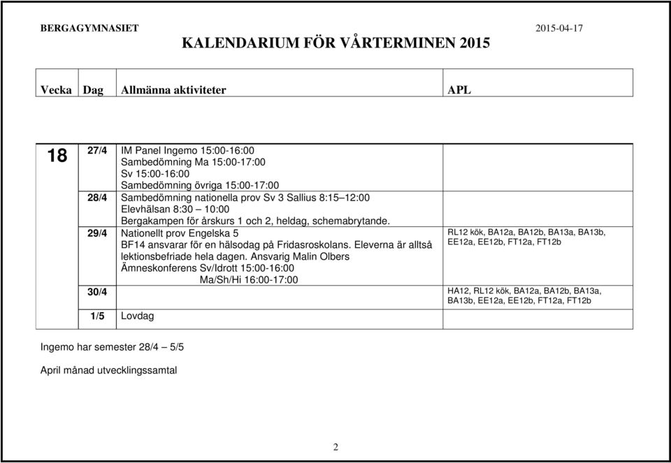 29/4 Nationellt prov Engelska 5 BF14 ansvarar för en hälsodag på Fridasroskolans. Eleverna är alltså lektionsbefriade hela dagen.