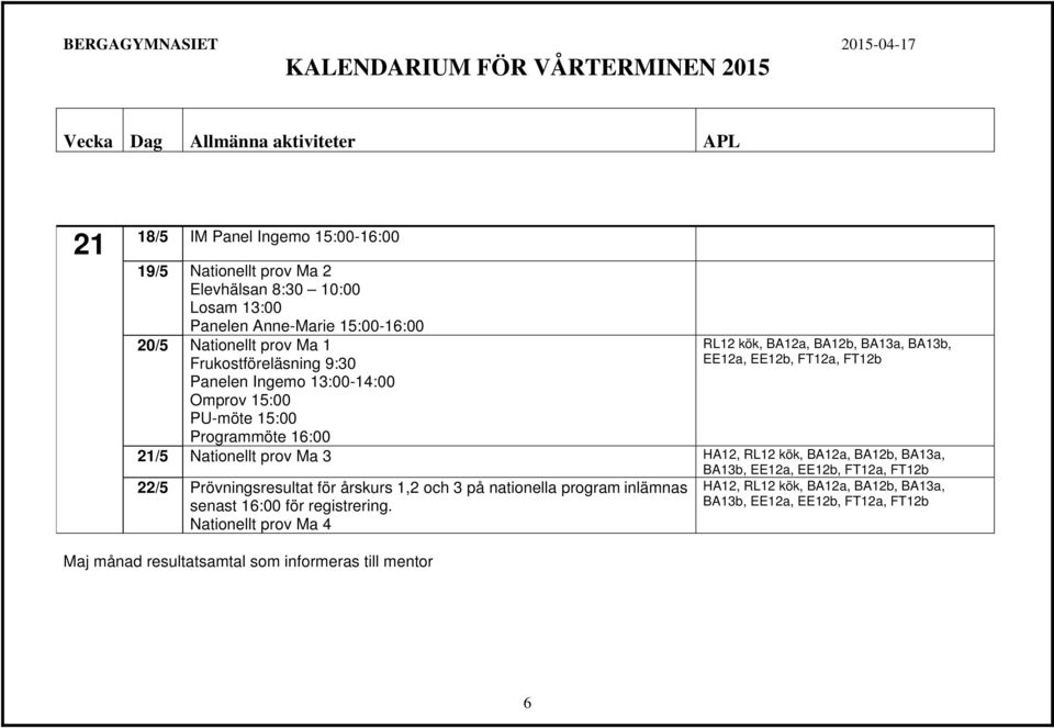 HA12, RL12 kök, BA12a, BA12b, BA13a, 22/5 Prövningsresultat för årskurs 1,2 och 3 på nationella program inlämnas HA12, RL12