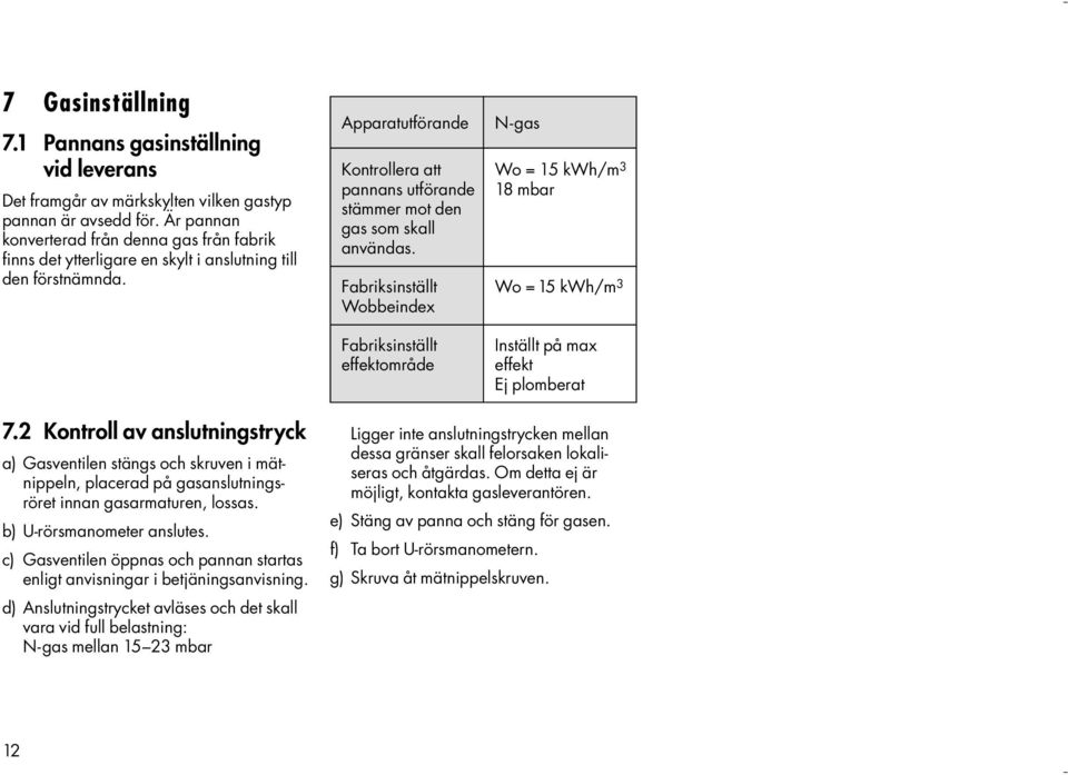 Apparatutförande N-gas Kontrollera att Wo = 15 kwh/m 3 pannans utförande 18 mbar stämmer mot den gas som skall användas.