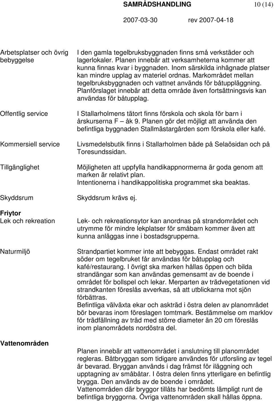 Inom särskilda inhägnade platser kan mindre upplag av materiel ordnas. Markområdet mellan tegelbruksbyggnaden och vattnet används för båtuppläggning.