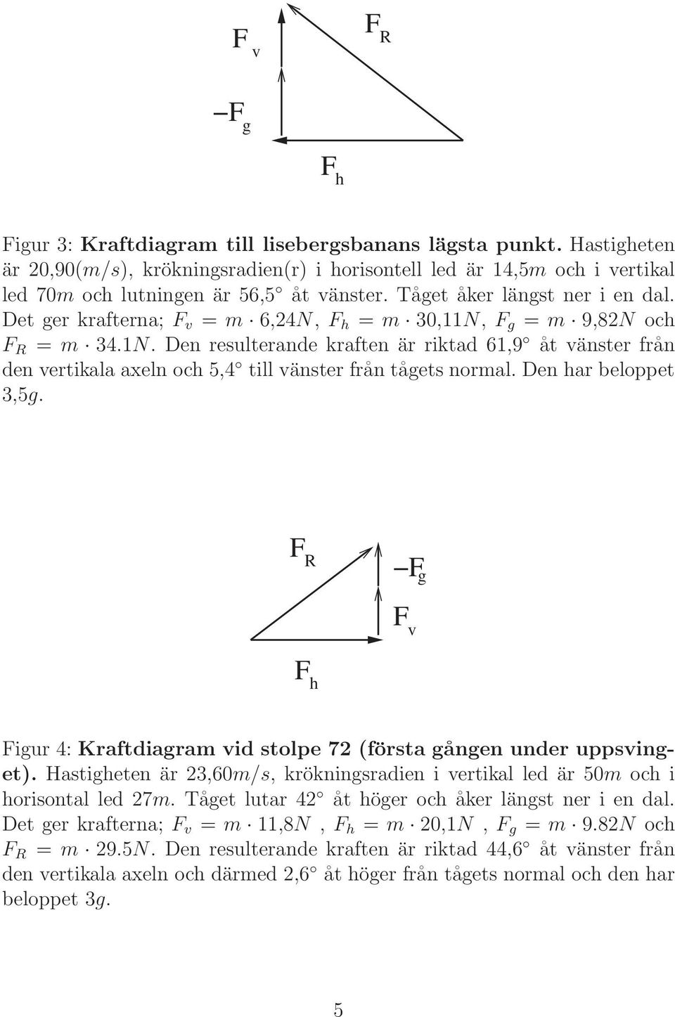 Det ger krafterna; F v = m 6,24N, F h = m 30,11N, F g = m 9,82N och F R = m 34.1N. Den resulterande kraften är riktad 61,9 åt vänster från den vertikala axeln och 5,4 till vänster från tågets normal.