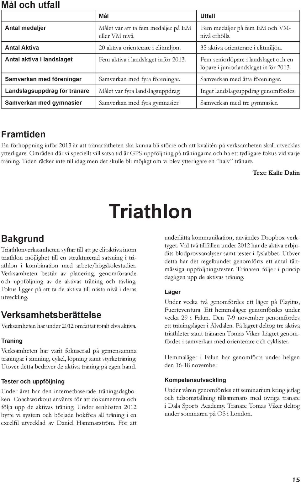 Samverkan med föreningar Samverkan med fyra föreningar. Samverkan med åtta föreningar. Landslagsuppdrag för tränare Målet var fyra landslagsuppdrag. Inget landslagsuppdrag genomfördes.