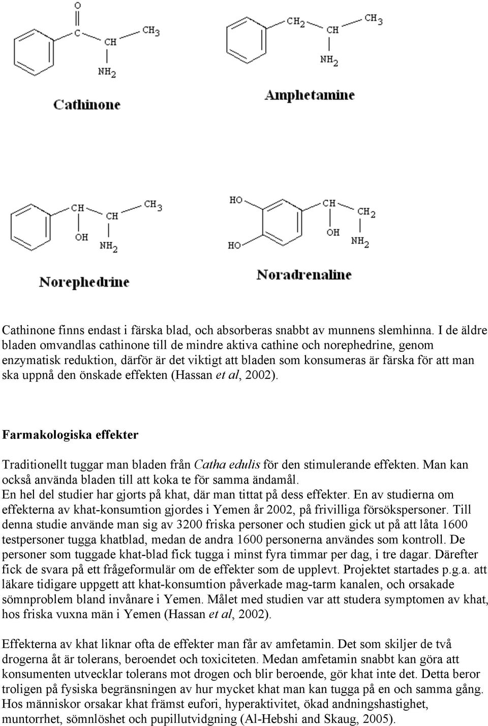 önskade effekten (Hassan et al, 2002). Farmakologiska effekter Traditionellt tuggar man bladen från Catha edulis för den stimulerande effekten.