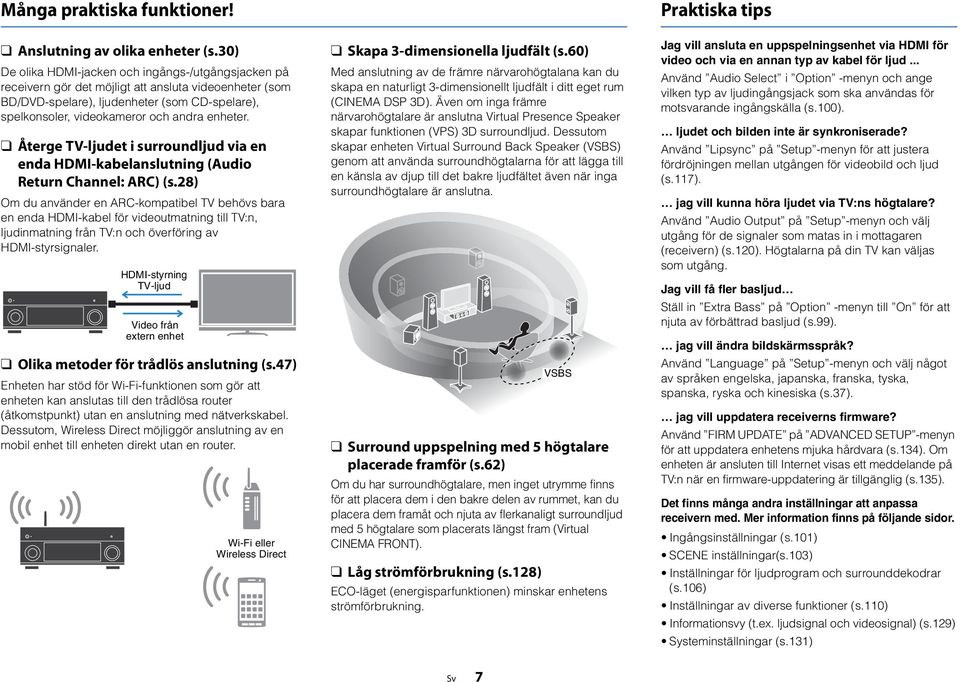 enheter. Återge TV-ljudet i surroundljud via en enda HDMI-kabelanslutning (Audio Return Channel: ARC) (s.