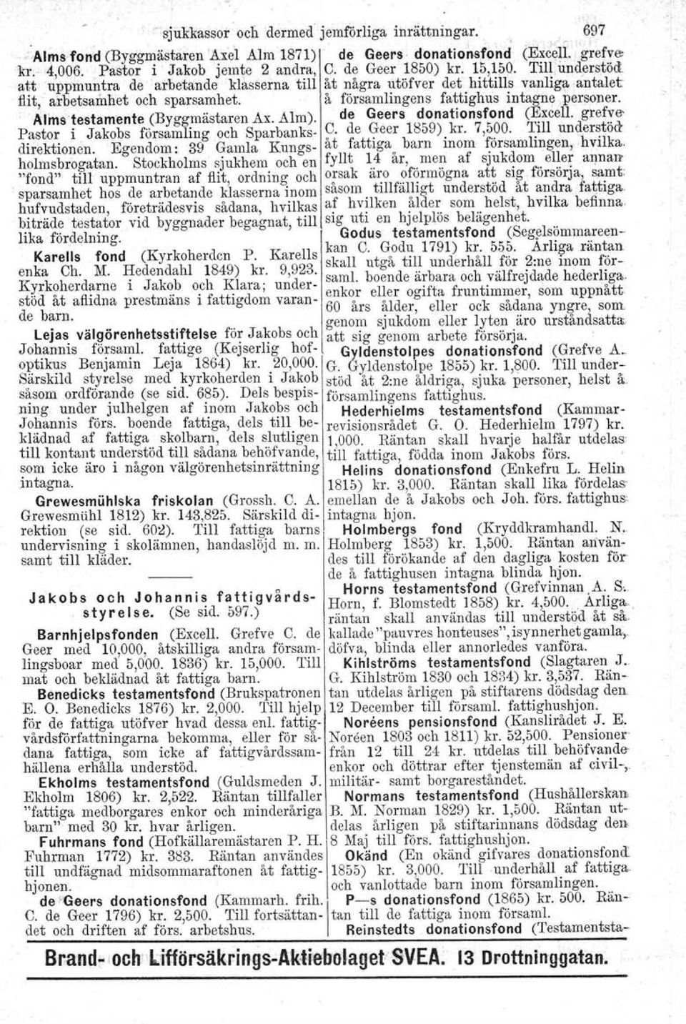 personer, AlmS'testamente (Byggmästaren Ax. Alm). de Geers donationsfond (~xcell. gref~e- Pastor i Jakobs församling och Sparbanks- 9 de <!eer 1859). kr. 7,5?0. 'I.I11understöd direktionen.