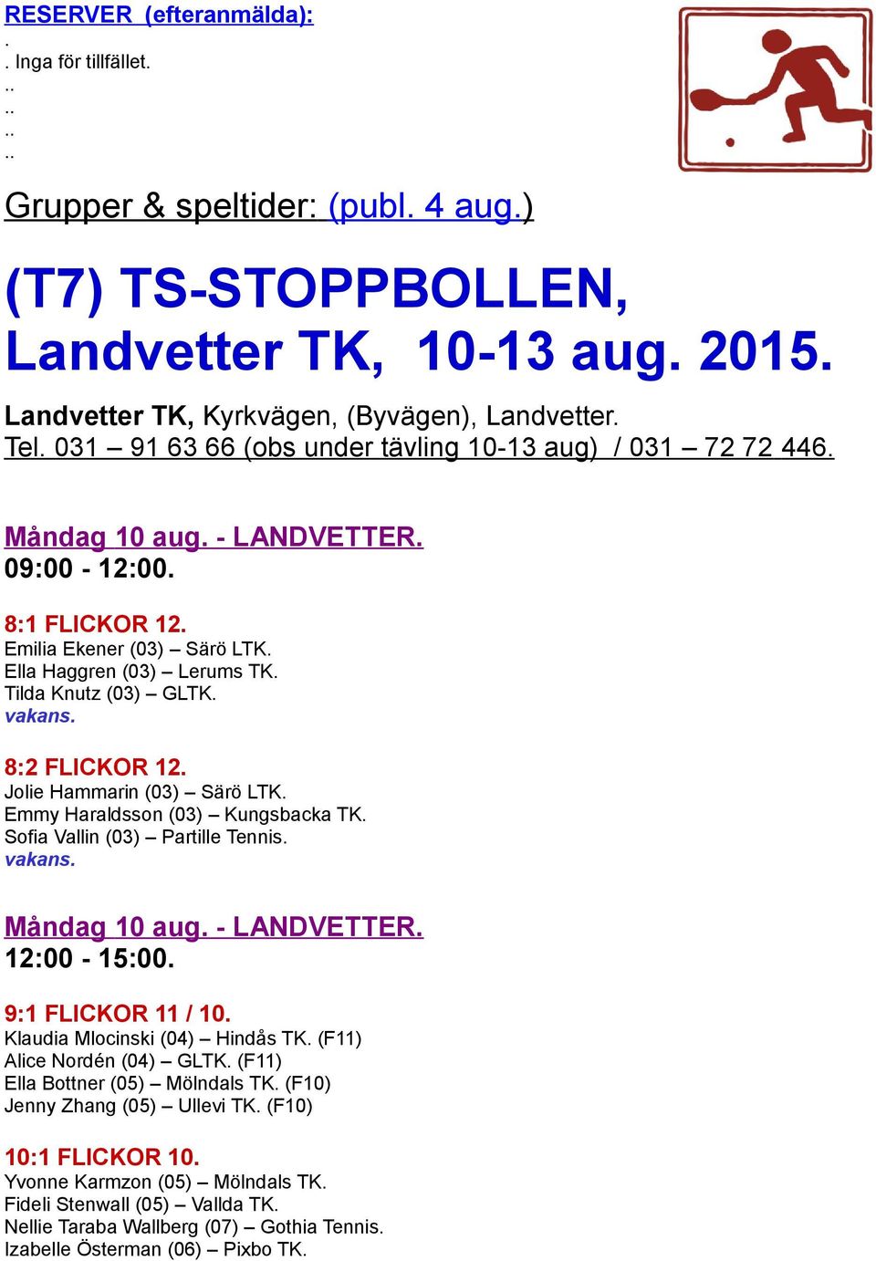 8:2 FLICKOR 12. Jolie Hammarin (03) Särö LTK. Emmy Haraldsson (03) Kungsbacka TK. Sofia Vallin (03) Partille Tennis. Måndag 10 aug. - LANDVETTER. 12:00-15:00. 9:1 FLICKOR 11 / 10.