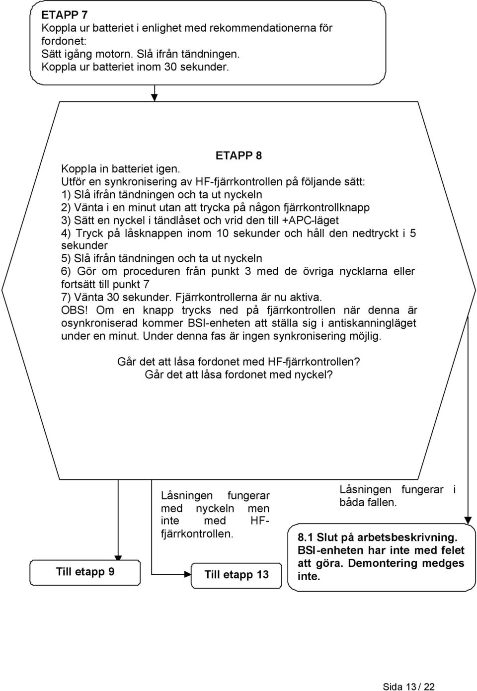 och vrid den till +APC-läget 4) Tryck på låsknappen inom 10 sekunder och håll den nedtryckt i 5 sekunder 5) Slå ifrån tändningen och ta ut nyckeln 6) Gör om proceduren från punkt 3 med de övriga