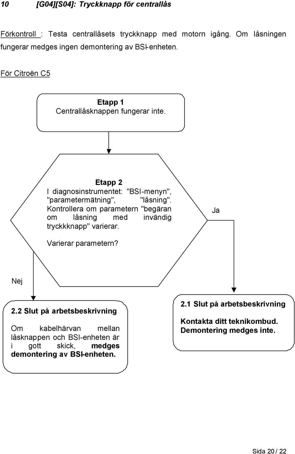 Etapp 2 I diagnosinstrumentet: "BSI-menyn", "parametermätning", "låsning". Kontrollera om parametern "begäran om låsning med invändig tryckkknapp" varierar.