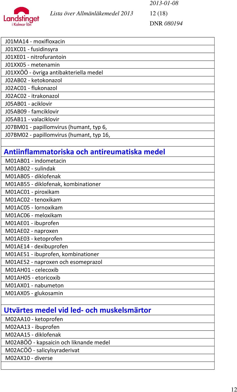 Antiinflammatoriska och antireumatiska medel M01AB01 - indometacin M01AB02 - sulindak M01AB05 - diklofenak M01AB55 - diklofenak, kombinationer M01AC01 - piroxikam M01AC02 - tenoxikam M01AC05 -