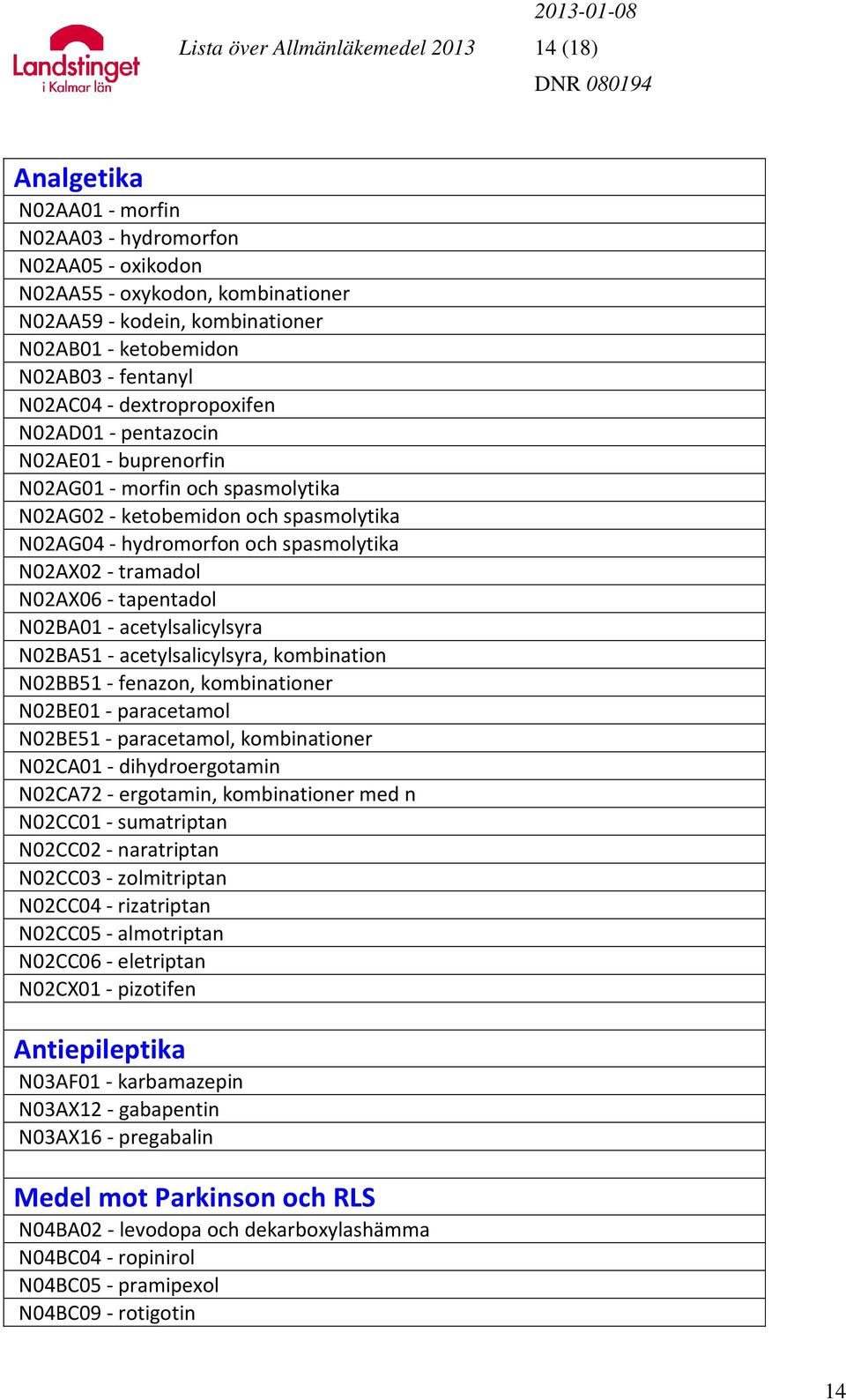 spasmolytika N02AX02 - tramadol N02AX06 - tapentadol N02BA01 - acetylsalicylsyra N02BA51 - acetylsalicylsyra, kombination N02BB51 - fenazon, kombinationer N02BE01 - paracetamol N02BE51 - paracetamol,