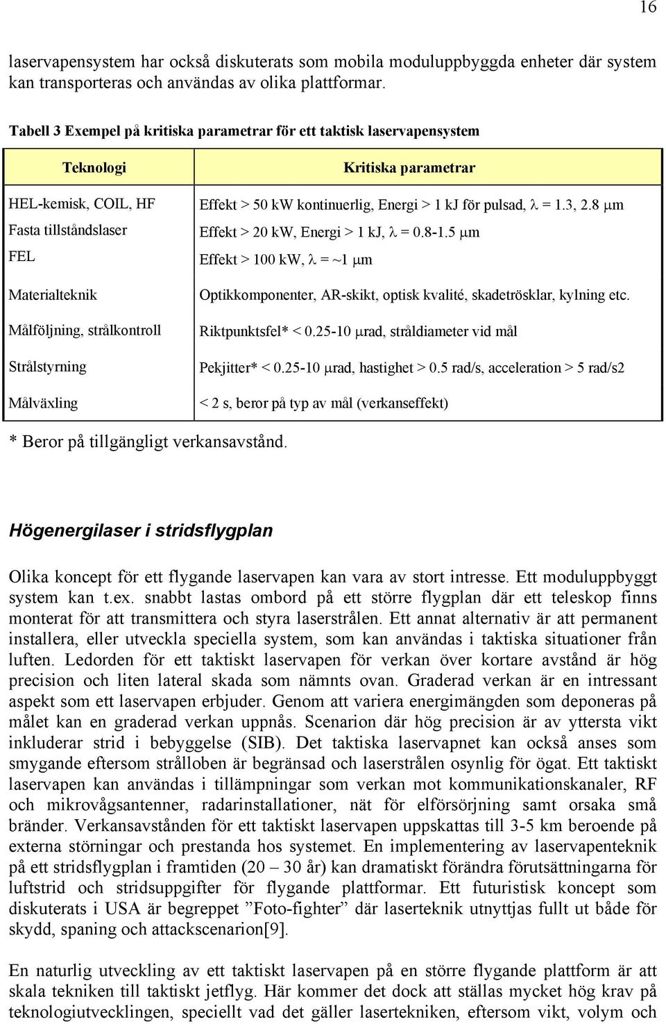 Kritiska parametrar Effekt > 50 kw kontinuerlig, Energi > 1 kj för pulsad, λ = 1.3, 2.8 µm Effekt > 20 kw, Energi > 1 kj, λ = 0.8-1.