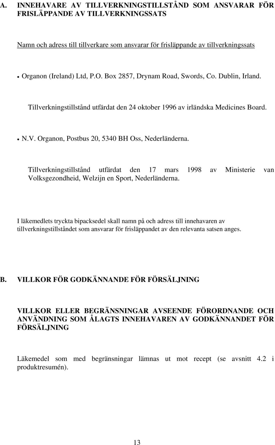 Tillverkningstillstånd utfärdat den 17 mars 1998 av Ministerie van Volksgezondheid, Welzijn en Sport, Nederländerna.