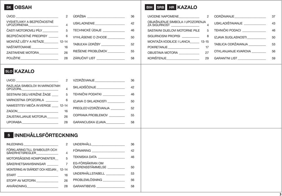 ZHODE 50 TABUĽKA ÚDRŽBY 52 RIEŠENIE PROBLÉMOV 55 SIGURNOSNI PROPISI 8 MONTAŽA VODILICE I LANCA 13-15 POKRETANJE 17 OBUSTAVA MOTORA 27 IZJAVA SUGLASNOSTI 50 TABLICA ODRŽAVANJA 53 OTKLANJANJE KVAROVA