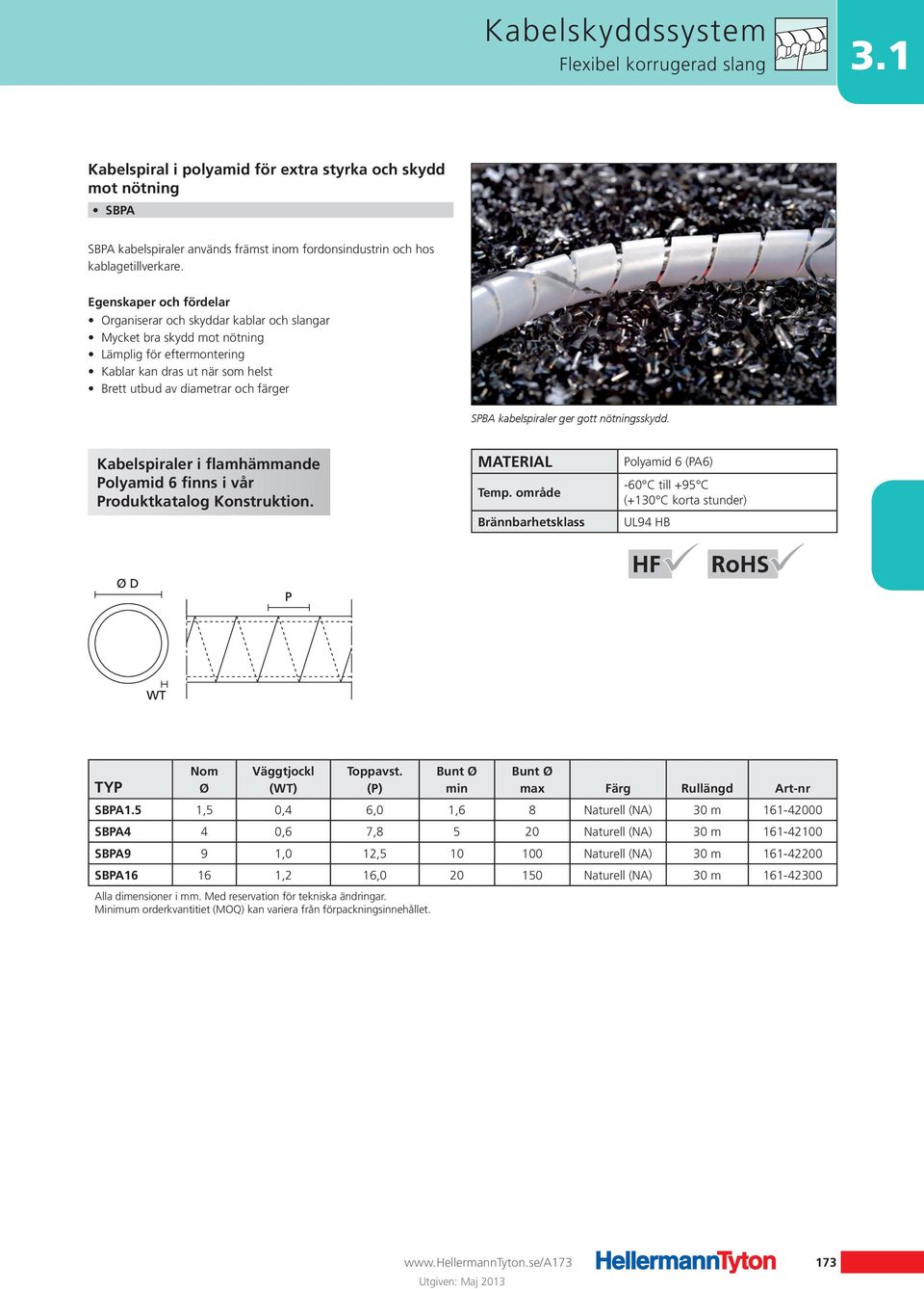 nötningsskydd. Kabelspiraler i flamhämmande Polyamid 6 finns i vår Produktkatalog Konstruktion. Material Temp.